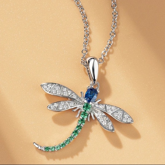 Sterling Silver Plated Dragonfly With Sapphire, Emerald and Diamond Necklace - Picture 2 of 5